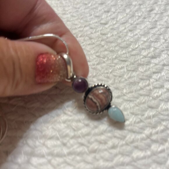 Unique AMETHYST, RHODOCHROSITE & LARIMAR Handmade Sterling 925 Pendant/Chain #63 - Picture 3 of 3